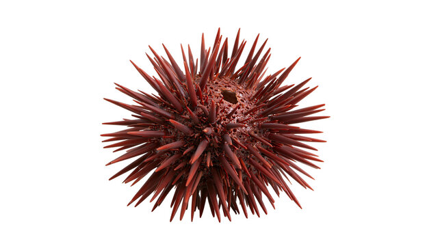 Dark red sea urchin with sharp pointed spines and textured spherical shell