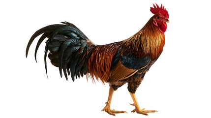 Full body side view of a vibrant brown and black rooster with a bright red comb © Rowan