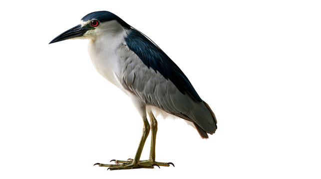 Black-crowned night heron with red eye and grey plumage standing in profile