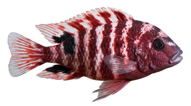 Red and white striped cichlid fish with black markings