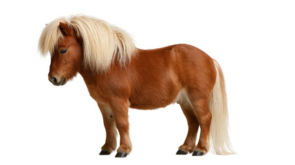 Chestnut miniature pony with long blonde mane and tail standing in profile © Rowan