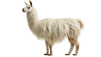 Full body side view of a fluffy white llama standing © Rowan