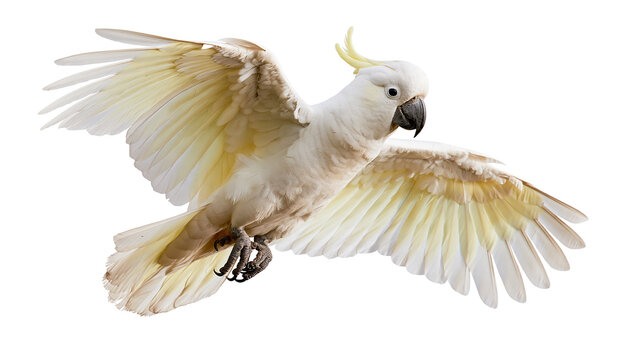 Sulphur-crested cockatoo flying with wings spread wide