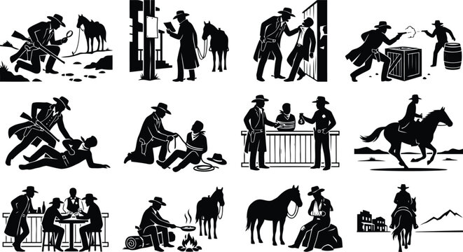 Set of black silhouette depicting wild west cowboy scenes, gunfights, horse riding, campfire cooking, and saloon life in the old west