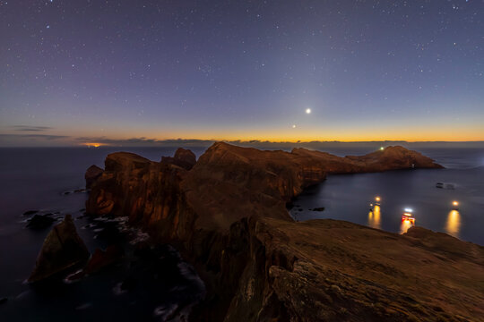 Dawn at Ponta de S�o Louren�o in Madeira with stars over rocky coast