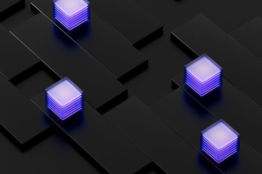 Glowing purple quantum cubes sit on a dark geometric server grid
