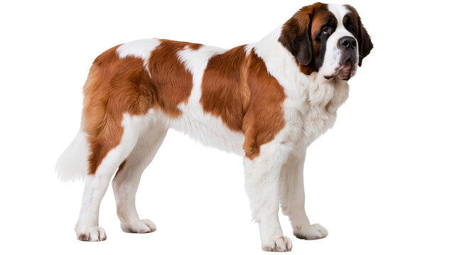 Large brown and white Saint Bernard dog standing in profile