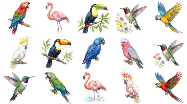 Set of colorful tropical birds and exotic parrots collection isolated on white background