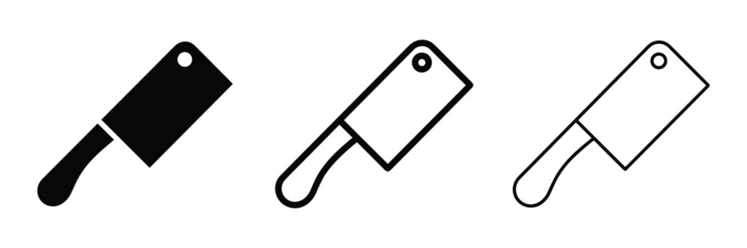 Meat cleaver kitchen tool icons in solid outline and thin line styles chopping culinary