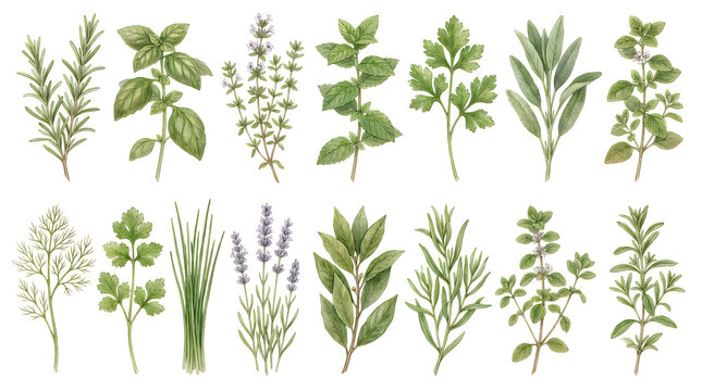 Set of fresh green culinary herbs and aromatic plants isolated on white background