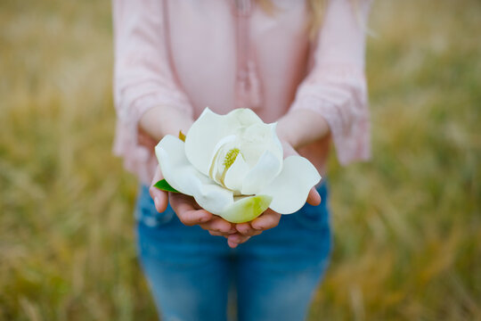 Woman showing Magnolia blossom, partial view