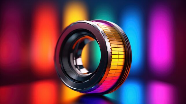 Close-up Macro Shot of a Camera Lens with Colorful Bokeh Background.