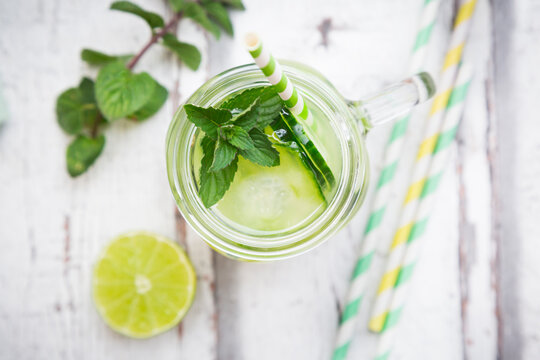 Organic cucumber water with mint and lime