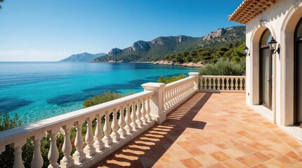 Fototapeta premium Luxury Mediterranean villa with large stone terrace overlooking calm turquoise sea. Elegant balcony with white balustrade offers panoramic ocean view, coastal landscape. Sunny summer day at expensive