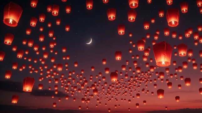 Many glowing red sky lanterns float upwards into dark twilight sky. Crescent moon shines among bright paper lamps during traditional festival. Beautiful spiritual celebration with light lanterns