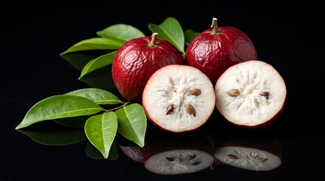 Fresh red mahkota dewa or god crown fruit whole and sliced with green leaves