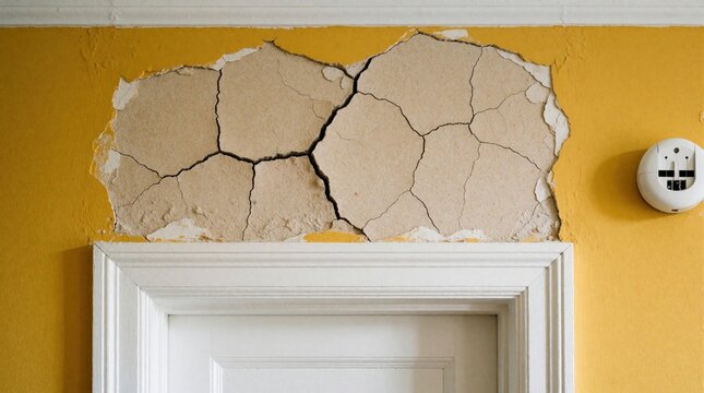 Cracked beige plaster on yellow wall above white door frame. Damaged ceiling section shows crumbling texture, deep fissures. Modern white fire alarm mounted on side. Home renovation house repair