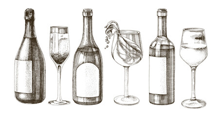 Obraz premium Wine bottles and glasses vector sketch