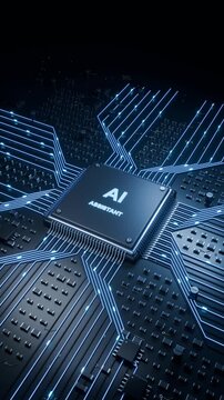 AI Assistant Microchip with Flowing Data Circuits Vertical 3D Animation