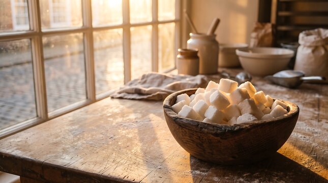 White sugar cubes in bowl on rustic wooden table near sunny window