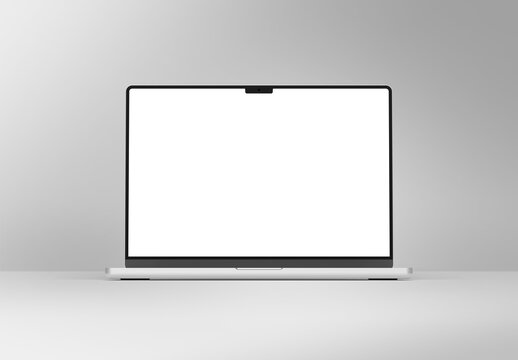 Laptop with blank screen isolated on grey background, front view, 3D rendering