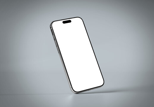 Isolated smartphone with shadow standing on grey Mockup. silver color.  3D rendering
