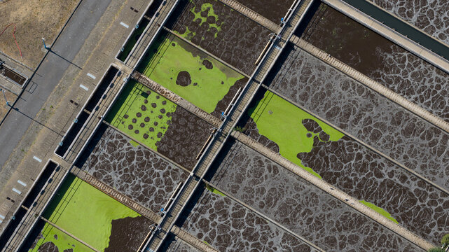 Aerial view of a wastewater treatment plant in London