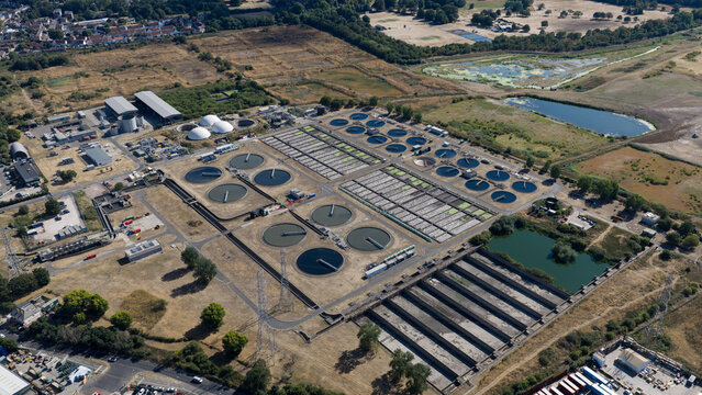 An aerial view shows a wastewater treatment plant in London