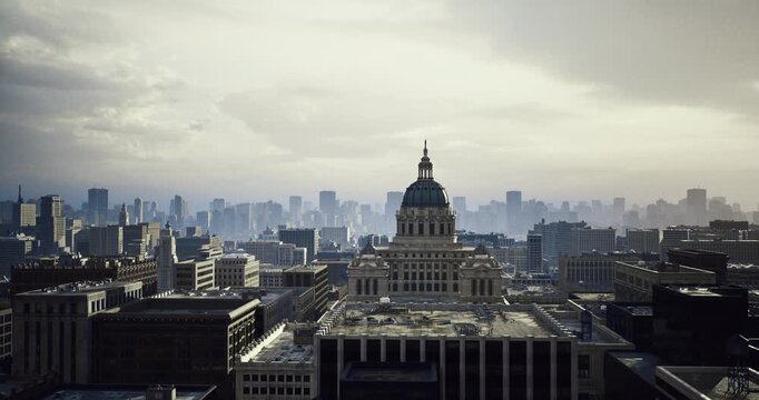 Historic capitol core with modern skyline backdrop, textured masonry and ornate facade contrasted with distant towers, preservation and urban evolution captured