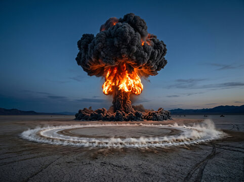 Massive nuclear explosion mushroom cloud rising over a desolate desert landscape at twilight.