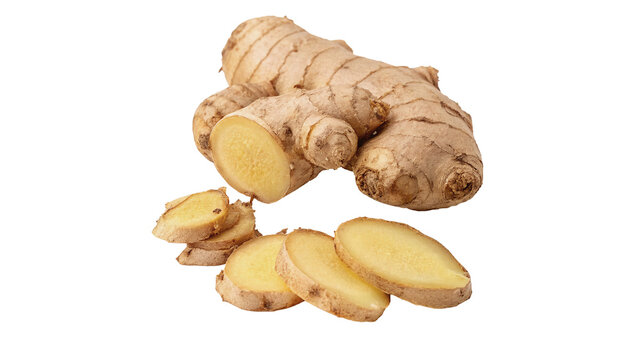 Fresh raw whole ginger root and slices aromatic spice isolated on transparent background png