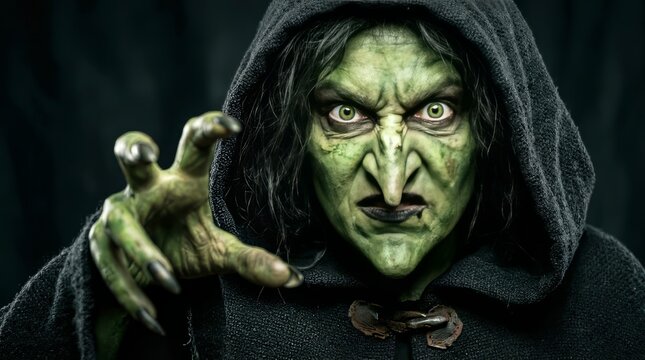 Scary green witch reaching out, evil wicked hag portrait in black hood, creepy fantasy sorceress for halloween horror