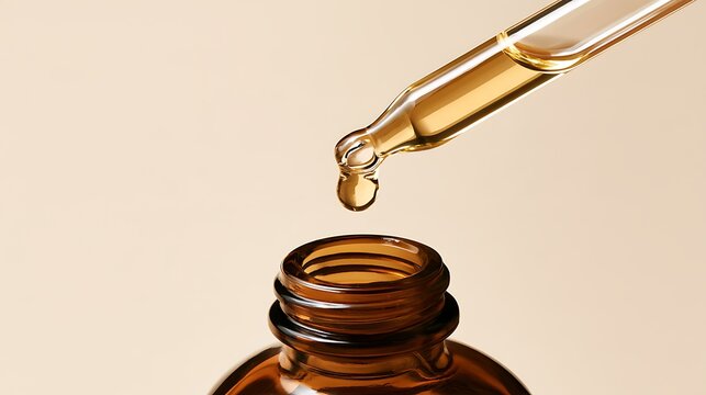 Dropper with liquid drop over amber glass bottle on plain beige background