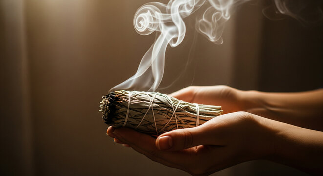 Hands holding a burning white sage smudge stick with smoke for a spiritual cleansing ritual