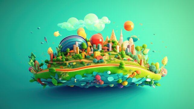 Whimsical Floating Island City with Lush Greenery and Colorful Buildings.