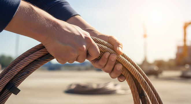 Close-up of worker hands holding a heavy coil of copper cable at an industrial site