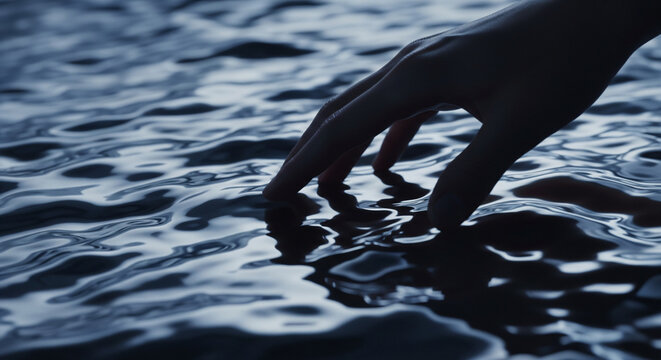 Silhouette of a hand touching the surface of dark rippling water in low light