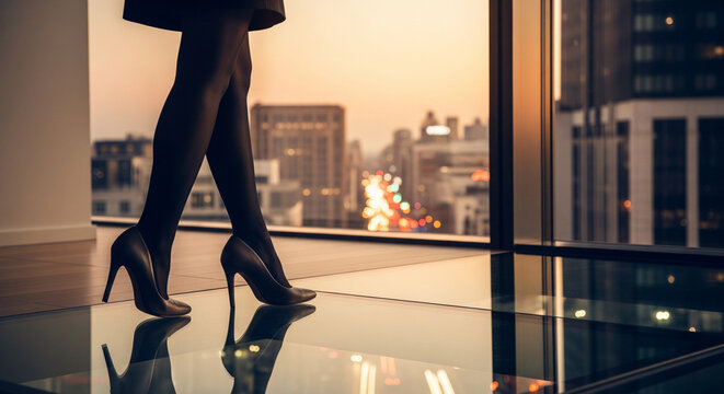 Close up of woman legs in high heels walking on reflective glass floor in modern office with city view at sunset