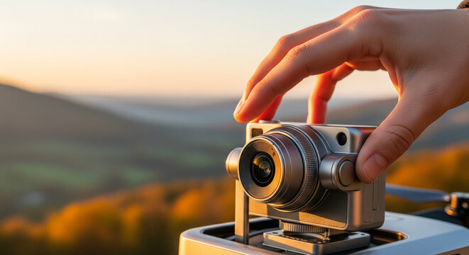 Hand adjusting a digital camera gimbal during sunset over a scenic valley landscape