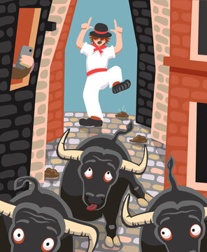 Cartoon illustration of role reversal during Spanish bull run