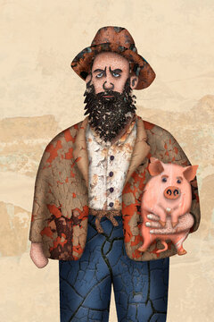 Digital collage of a stocky farmer carrying a pet piglet