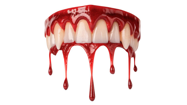Scary Halloween vampire mouth with sharp fangs and dripping blood isolated on transparent background png