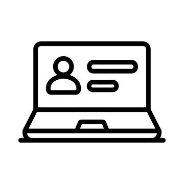Black and white line art vector icon of a laptop displaying a user profile with an avatar and text lines, symbolizing online accounts, user data, or digital registration