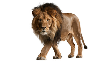 Majestic adult male lion with thick dark mane walking forward © Isolde