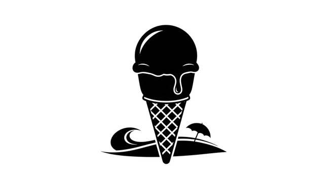 Black ice cream cone icon with beach and ocean wave