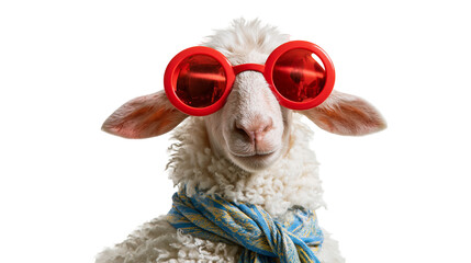 Funny white sheep wearing bright red round sunglasses and a blue patterned scarf © Isolde