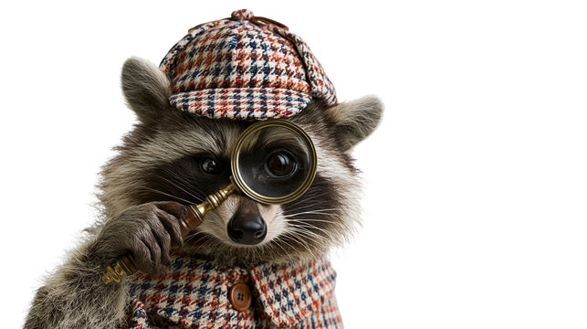 Raccoon wearing a detective deerstalker hat and holding a magnifying glass