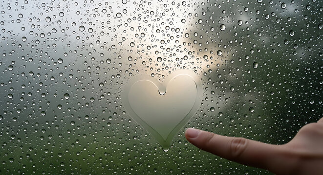 Finger drawing a heart shape on a rainy window glass
