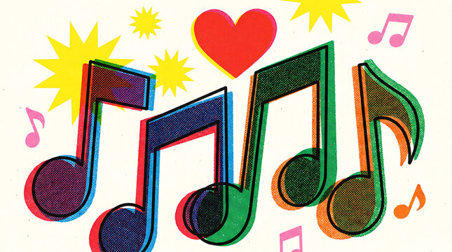 Fun Vintage Graphic Illustration of Dancing Musical Notes