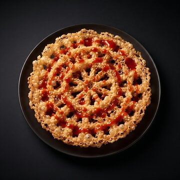 Golden Chicharron de Harina street snack wheel drizzled with red Valentina hot sauce centered against a solid dark black background, crispy wheat lattice texture, sharp rim lighting, 